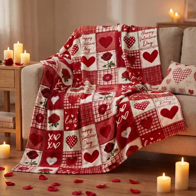 Valentine Hearts Roses Patchwork Blanket featuring a red plaid design