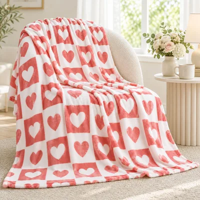 Heart Checkered Pattern Blanket featuring a classic grid of red