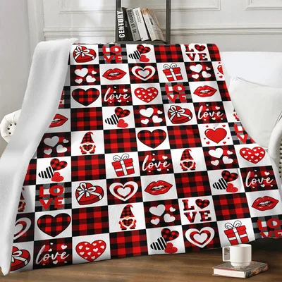 Hearts and Love Patchwork Blanket featuring red buffalo check squares