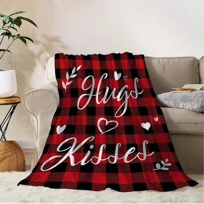 Hugs and Kisses Blanket: Red Plaid Love Heart Design for Couples