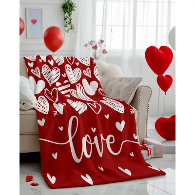Love Hearts Valentine Print Blanket: Red Heart Design with Love Script