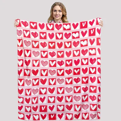 Red Hearts Pattern Blanket: Hand-Drawn Grid of Red and White Hearts
