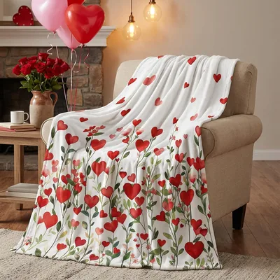 Red Hearts Pattern Valentine Blanket: Floral Heart Design for Couples