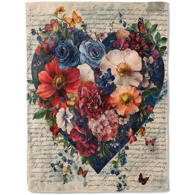 Heart of Love Floral Blanket: Vintage Heart Design with Butterflies