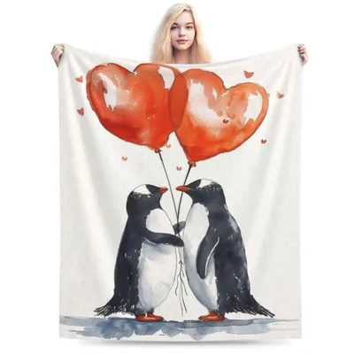 Penguin Couple with Heart Blanket