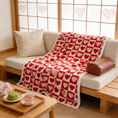 Red Heart Pattern Blanket: Checkered Love Design for Couples