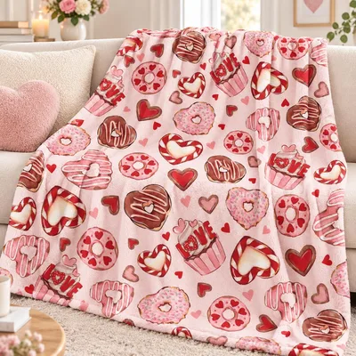 Valentine Cupcakes and Hearts Blanket: Sweet Dessert Print for Lovers