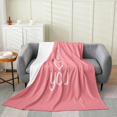 I Love You Heart Text Blanket: Romantic Pink and White Design
