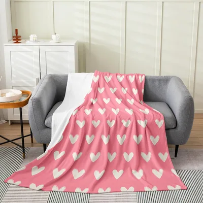 Pink and White Heart Blanket featuring a soft pink background