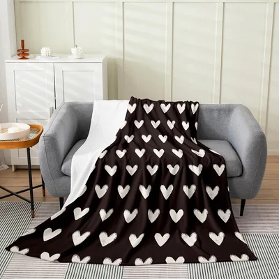 White Hearts on Black Blanket: Geometric Heart Pattern for Couples