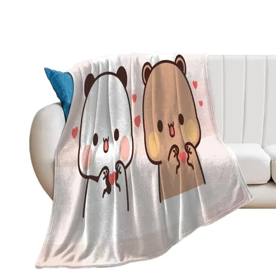 Cute Bear Couple Blanket: Two Pandas Holding Hearts for Lovers