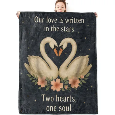 Our Love Written Blanket: Swans and Stars Romantic Design for Couples