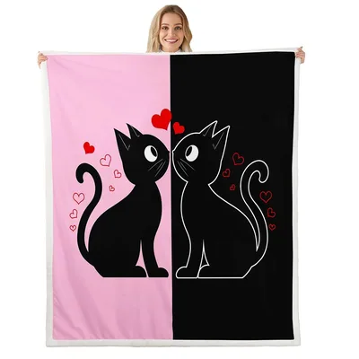 Two Cats Pink Blanket: Black and White Feline Romance Design