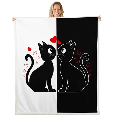 Two Cats Black Blanket: Kawaii Feline Couple Design