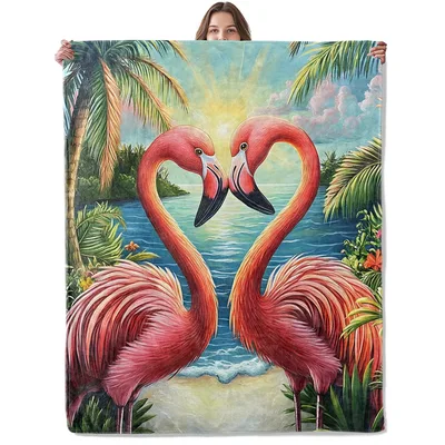 Flamingos Forming Heart Blanket: Tropical Romance Design for Couples