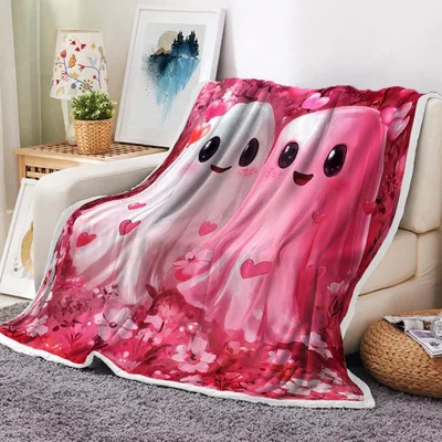 Ghost Couple with Hearts Blanket: Sweet Ghosts and Red Balloons