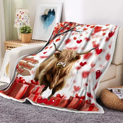 Highland Cow with Red Hearts Blanket featuring a shaggy bull