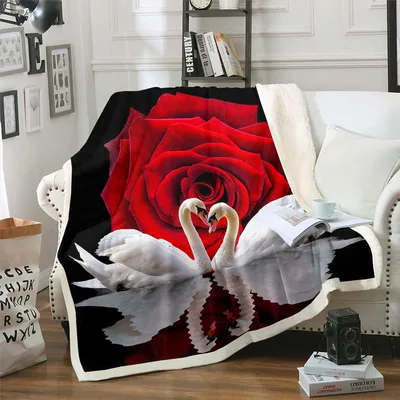 Swans Heart with Red Blanket: Romantic Swan and Rose Design