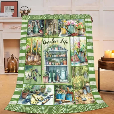 Gardening Tools Watercolor Blanket: Garden Life Collage Design