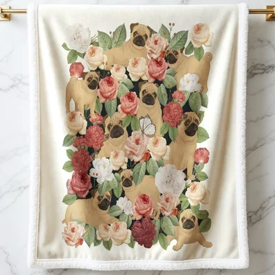 Floral Pug Garden Blanket: Vintage Roses and Pugs Throw