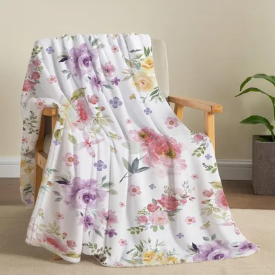 Watercolor Flower Pattern Blanket featuring soft pink purple