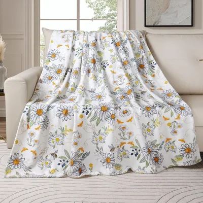 Daisy Sunflower Floral Print Blanket featuring hand-drawn daisies