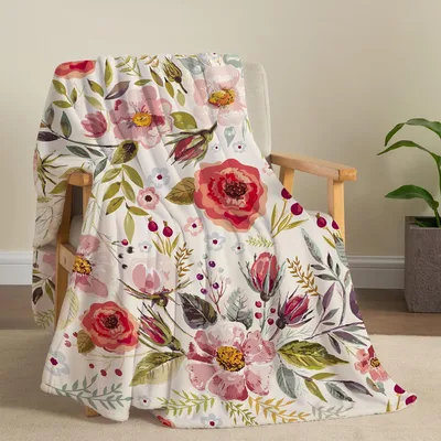 Watercolor Roses and Wildflowers Blanket: Botanical Floral Throw
