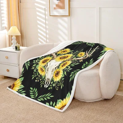 Bull Skull Sunflower Floral Blanket