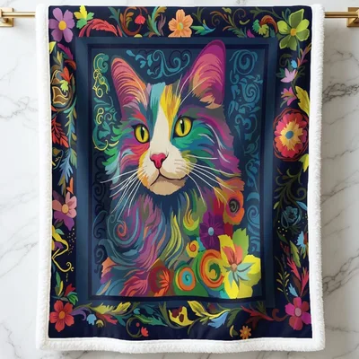 Colorful Psychedelic Cat Blanket