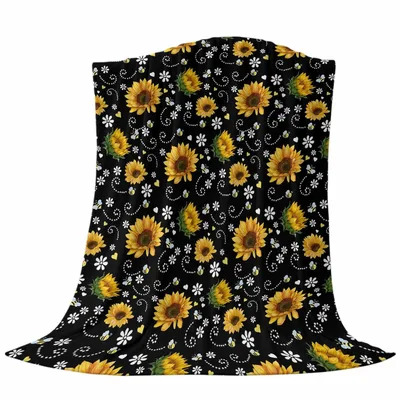 Sunflowers and Bees Pattern Blanket: Bright Floral Design on Black