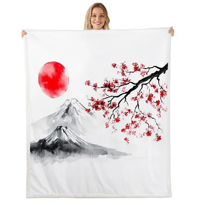 Mount Fuji Red Sun Blanket: Japanese Ink Painting with Cherry Blossoms