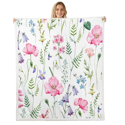 Pink Poppy Floral Pattern Blanket: Watercolor Wildflower Throw