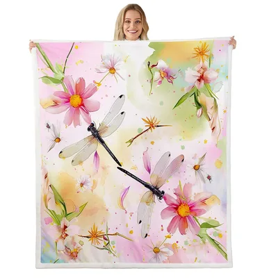 Dragonflies and Pink Flowers Blanket: Watercolor Insect Art