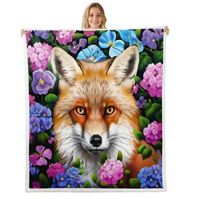 Fox Portrait with Flowers Blanket