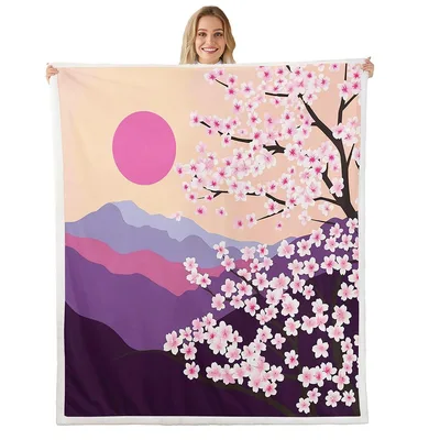 Cherry Blossom Sunset Mountain Blanket featuring pink sakura branches