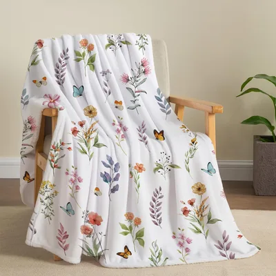 Watercolor Botanical Flowers Butterflies Blanket for Nature Lovers