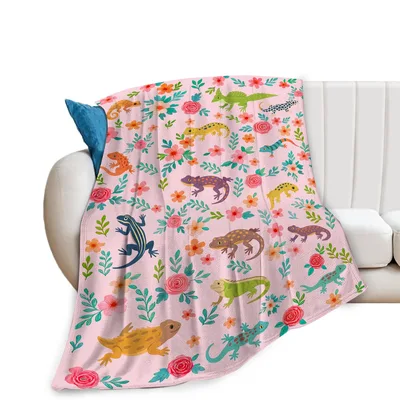 Lizards Among Pink Flowers Blanket: Colorful Reptile and Floral Design