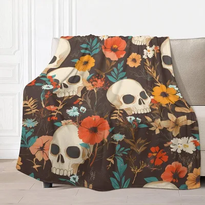 Skulls and Flowers Pattern Blanket: Gothic Floral Art Design