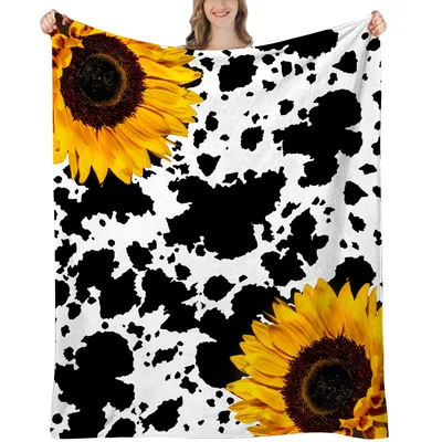 Cow Print with Sunflowers Blanket: Bold Floral Farm Design