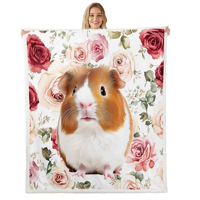 Guinea Pig with Roses Blanket: Fluffy Rodent and Red Floral Print