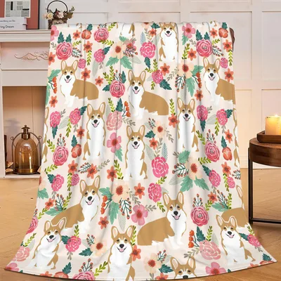 Corgis with Flowers Pattern Blanket: Smiling Dogs and Pink Roses