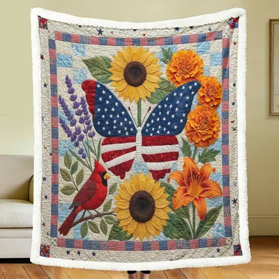 Patriotic Butterfly Sunflowers Blanket: Quilt-Style Floral Design