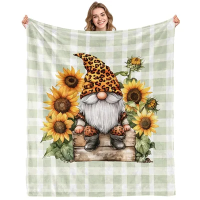 Gnome with Sunflowers Plaid Blanket: Leopard Hat Garden Gnome