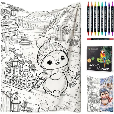 Penguin Coloring Design Blanket featuring a winter scene
