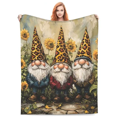 Three Sunflower Gnomes Blanket: Leopard Hat Garden Friends