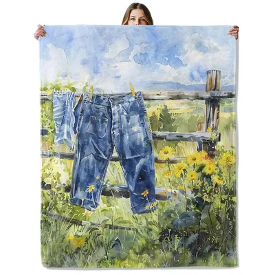 Denim Overalls in Garden Blanket: Watercolor Art of Hanging Jeans