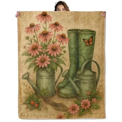 Vintage Garden Flowers Blanket featuring rustic watering cans