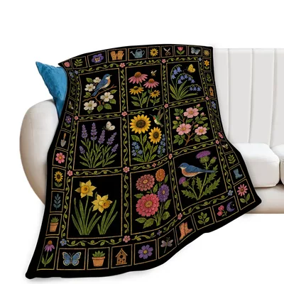 Botanical Patchwork Garden Panels Blanket: Vintage Floral Quilt Design