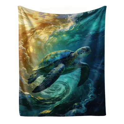 Ocean Turtle Blanket: A Sea Turtle Swirling Through Golden Light