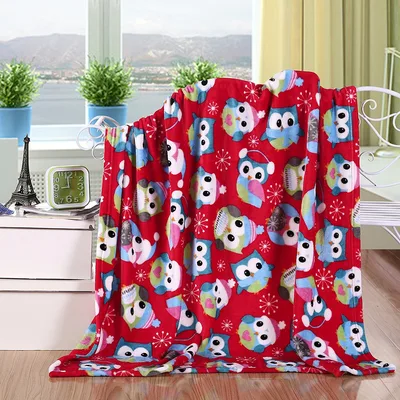 Christmas Owl Blanket: Red Throw with Winter-Hatted Owls